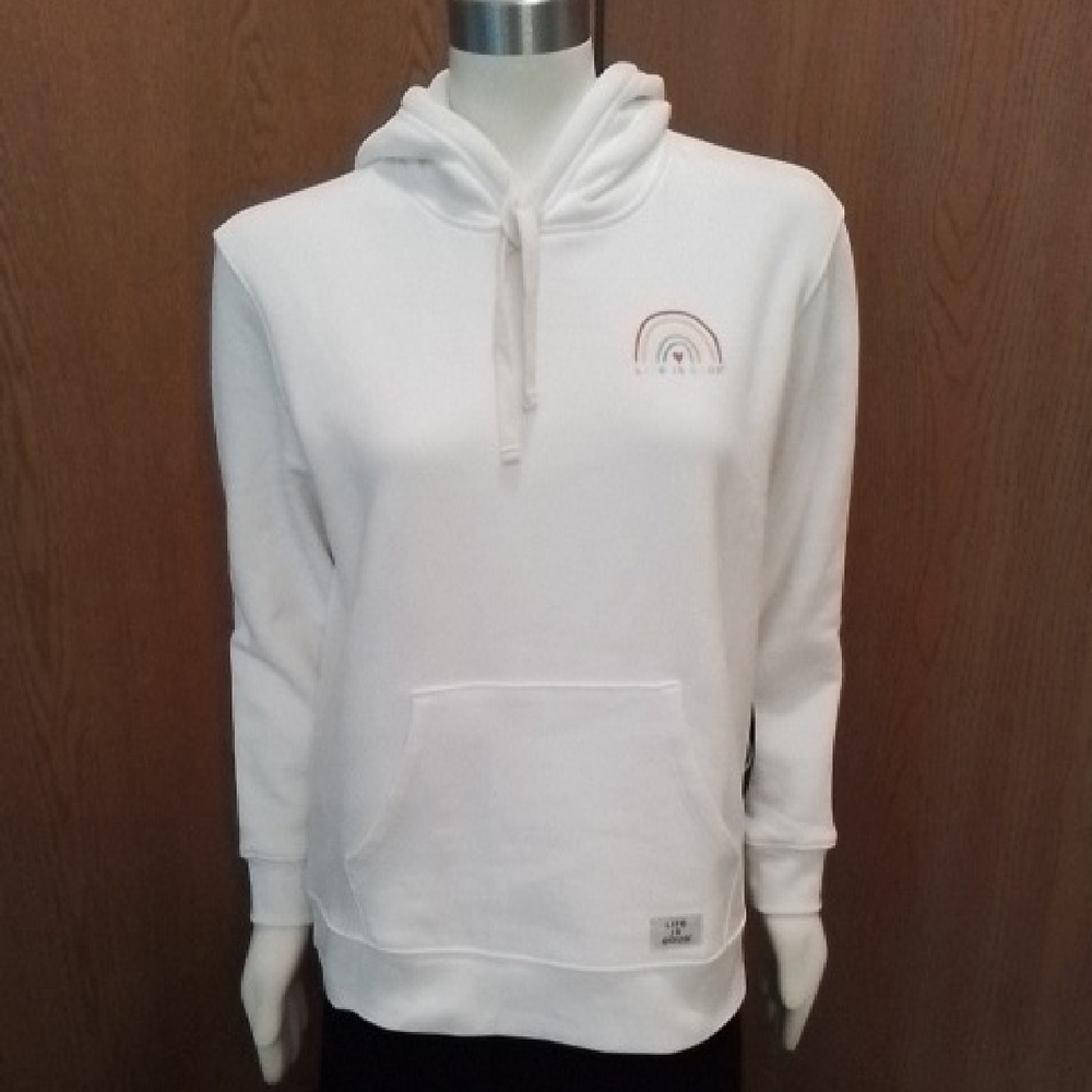 NEW! Life Is Good Women's White Pullover Hoodie, 70% Cotton, Size Medium.